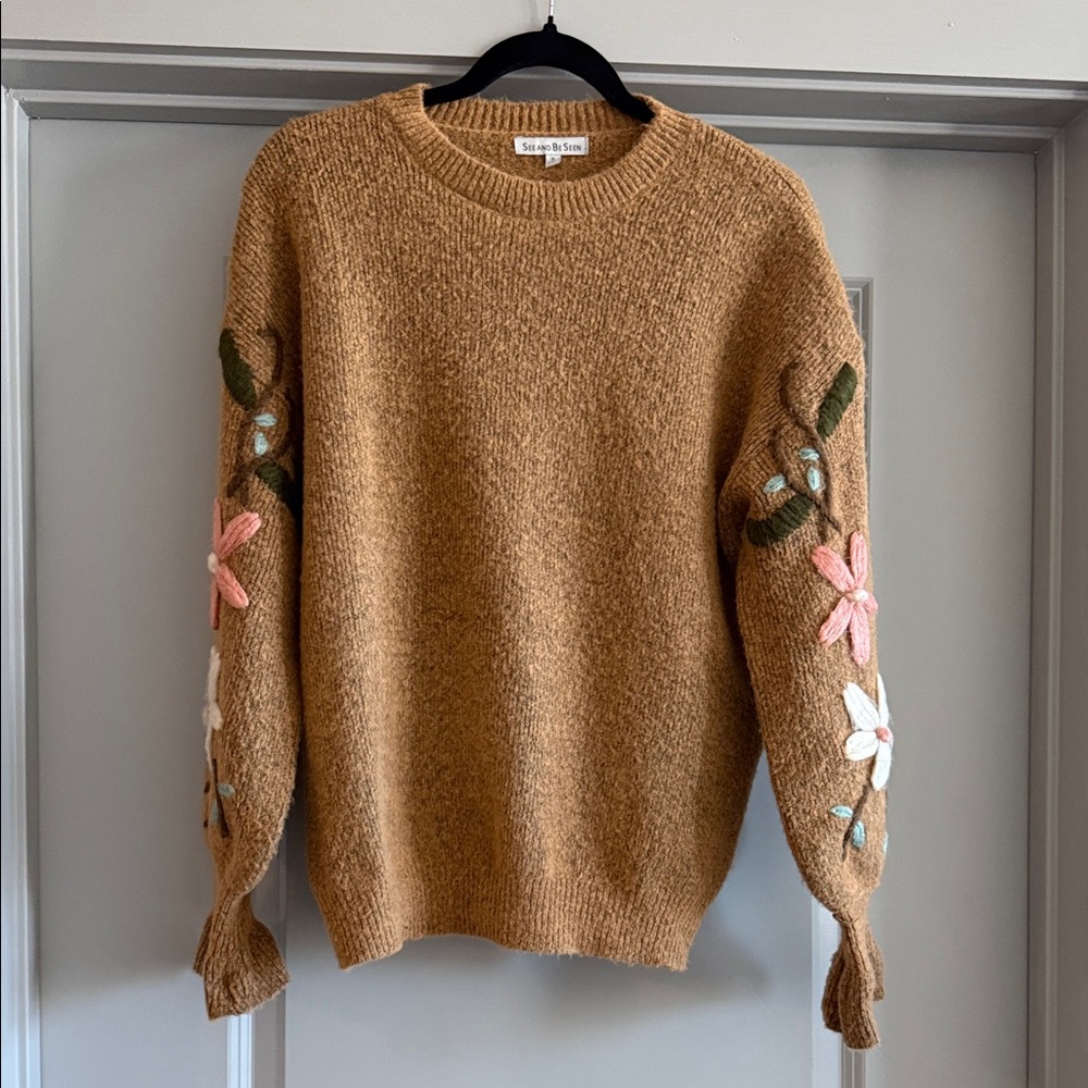 Sea New York Camel Crewneck Sweater with Embroidered Floral Sleeves